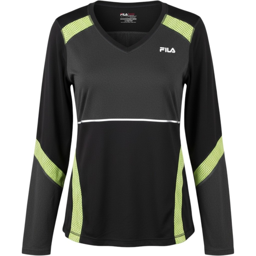 Fila Sport Running Women's XL Black Charcoal Lime Green Long Sleeve V-Neck Top